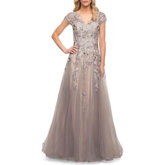 La Femme Beaded Lace A-line Gown with Short Sleeves in Silver/pink at Nordstrom, Size 10