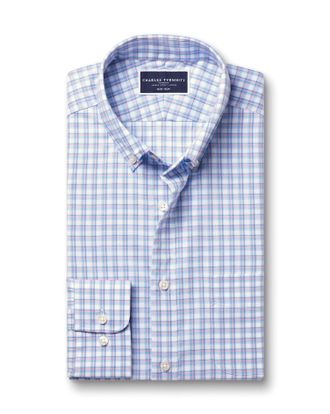 CHARLES TYRWHITT Non-Iron Stretch Poplin Check Cotton Shirt - Ocean Blue & Pink Size Large by Charles Tyrwhitt