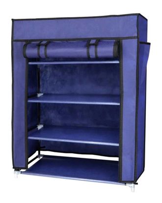 J&V Textiles 4 Tier Navy Shoe Rack With Side Pocket