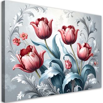 Feeby Cuadro Sobre Lienzo Tulipanes Rojos Sobre Fondo Gris 100x70