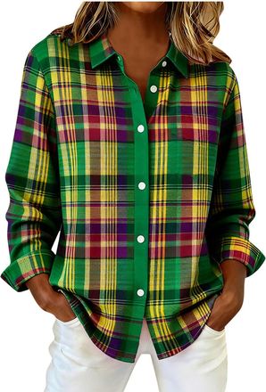 Generic Womens Checked Shirt Long Sleeve Button Down Flannel Blouse Loose Casual Tops Classic Check Design Soft Comfortable Daily Wear Ladies Plaid Shirts for