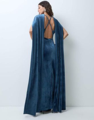Asos abito lungo in velluto con dettaglio foulard drappeggiato blu