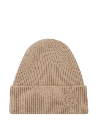 Gucci Double G-patch ribbed beanie hat - women - Cashmere/Calf Leather - S - Brown