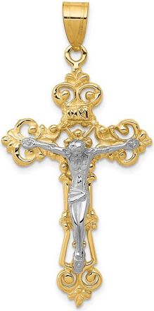 Diamond2Deal 14k Two-tone Gold INRI Fleur De Lis Crucifix Pendant