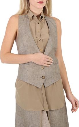 Burberry Ladies Cedar Brown Melange Silk Shirt Detail Linen Remodeled Vest, Brand Size 8 (US Size 6)