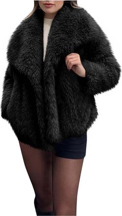 Generic Womens Faux Fur Coat with Pockets Ladies Coats Warm Winter Long Sleeve Jacket Lapel Open Front Outwear Plush Warm Casual Fluffy Fuzzy Outwear Overcoat