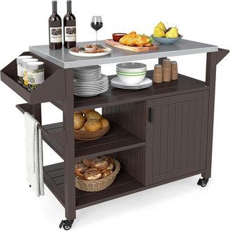 Costway Carrello per Grill da Esterno, Carrello in Metallo con Armadietto, Ruote Bloccabili Universali, Ripiani e Piano in Acciaio Inox, Isola da