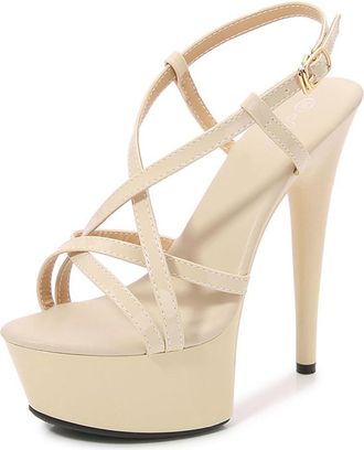 Generic Beige,6.5 UK,Heels for Womens Strappy High Stiletto Platform Heeled Sandals Open Toe Ankle Strap Summer Dress Shoes for Prom Party Dating