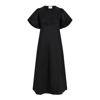 Neo Noir Illana Zwarte Poplin Jurk met Gedrapeerde Details - Dames - Casual kleedjes - Zwart - M - Katoen - Kleedjes