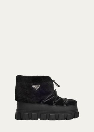 Prada 40mm Triangle Logo Shearling Lace-Up Snow Boots