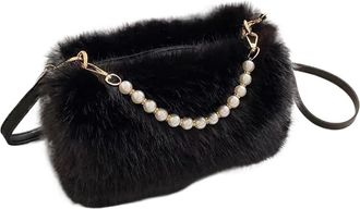 Generic Womens Plush Bags Fluffy Winter Crossbody Bags For Women Pearl Chain Decor Shoulder Bag Ladies Handbags And Purse(Black)