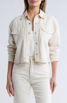 Daniel Rainn Embroidered Eyelet Scallop Crop Denim Jacket in Washed Almond at Nordstrom Rack, Size X-Large