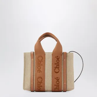 Chlo&eacute; Small Woody tote bag in linen Dusty Tan