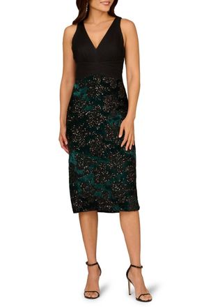Aidan Mattox V-Neck Sequin Velvet Midi Dress In Black Green