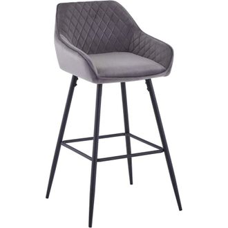 Ainpecca 1X Velvet Barstools Fabric Upholstered seat with Backrest Armrest Black Metal Legs Kitchen Breakfast Counter Chairs Grey - Ainpecca