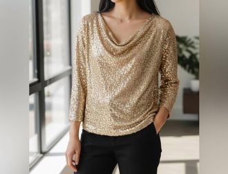 Vince Camuto Sequin Draped Neckline Top In Gold