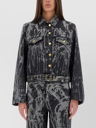 Ganni denim jacket with belted waist and chest pockets