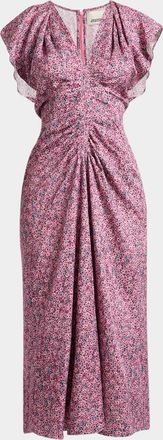 Isabel Marant Lyndsay Floral Satin Flutter-Sleeve Midi Dress