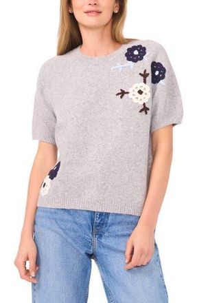 Halogen Floral Embroidered Short Sleeve Sweater in Light Heather Grey at Nordstrom Rack, Size Medium