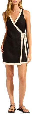 Seafolly Wrap Cover-Up Linen Blend Minidress in Black at Nordstrom, Size Small