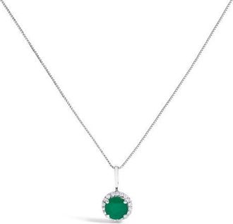 House of Brilliance 10K Gold Gemstone and 1/10 Cttw Diamond Accent Halo Pendant Necklace in White | Green Emerald at Nordstrom