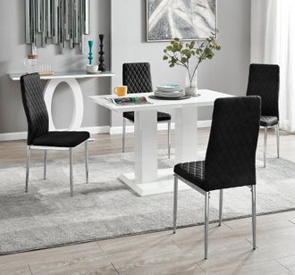 Furniturebox Imperia 4 Seater Modern White High Gloss Rectangular Dining Table & 4 Milan Velvet Chairs in Black