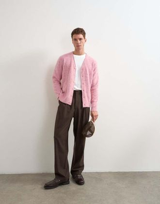 Topman pantalone a gamba larga a micro pied de poule marrone con pieghe triple
