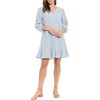 London Times Stripe Puff Sleeve Flounce Hem Shift Dress in Blue/Ivory 5 at Nordstrom Rack, Size X-Small P