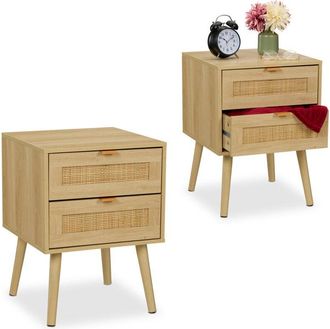 Relaxdays Relaxdays Bedside Table, Doppel-Pack, with 2 Rattan Decorated Drawers, Wood Nightstand, Cabinet with Storage for Bedroom