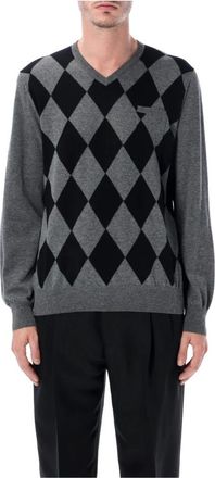 Ferragamo Argyle V-Neck Sweater - Heren - V-hals truien - Zwart - XL - Wol - Truien & Vesten