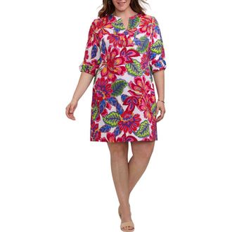 Foxcroft Vena Paradise Blooms Print Cotton Shift Dress in Pink/White Multi at Nordstrom, Size 1X