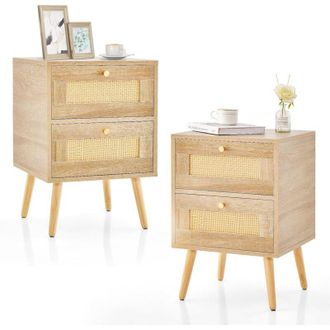 Costway Comodino in Rattan con 2 Cassetti, Tavolini Laterali Moderni con Gambe in Legno Massello, per Soggiorno e Camera da Letto, 40 x 40 x 59 cm (2)