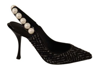 Dolce & Gabbana Lori Chevron Tweed Pearl Slingback Pumps Black Gray (Pre-Owned)