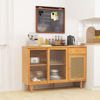 Costway Costway Buffet Sideboard Kitchen Storage Cabinet Cupboard w/ Tempered Glass Sliding Door in Natural