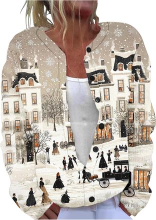 Generic Christmas Cardigans for Women UK Elegant Retro Printed Ribbed Knit Coat Ladies Novelty Xmas Colourful Print Cardigans Soft Knitted Jumper Sweater Wome