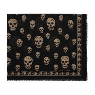 Alexander McQueen Accessoires, Heren, Zwart, ONE Size, Wol, Zwarte Schedelmotief Wollen Sjaal
