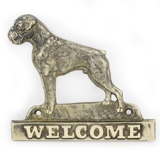 OEM Boxer, Boxer I - Un Cartel Para Puerta Con Un Perro, Una Placa De Bienvenida De Lat&oacute;n, Un Cartel &Uacute;nico Con La Inscripci&oacute;n Welcome De Art-dog