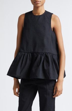 Cecilie Bahnsen Barbara Floral Embroidered Denim Peplum Top in Black at Nordstrom, Size 2 Us
