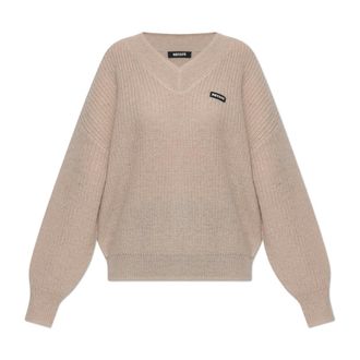 Rotate ROTATE Birger Christensen, V-neck Knitwear, female, Beige, Size: XS Knit V-neck Sweater