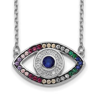 Diamond2Deal Sterling Silver Colorful Cubic Zirconia Evil Eye Necklace 16 with 2 inch Ext
