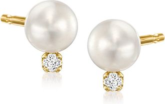 RS Pure by Ross-Simons 5-5.5mm Cultured Pearl Stud Earrings With Diamond Accents in 14kt Yellow Gold
