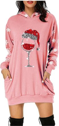 Generic Christmas Dress WomenS Jumper Dress, Christmas Jumper WomenS Long, Hoodie Sweat Wine Glass Print Long Sleeve Sweatshirt With Pockets