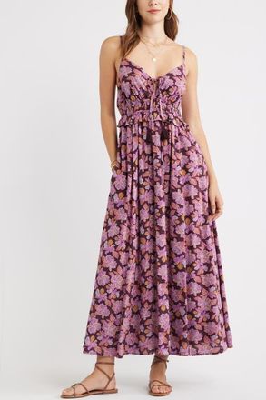 Treasure & Bond Floral Peplum Maxi Dress in Burgundy Dotted Floral at Nordstrom, Size Xx-Large
