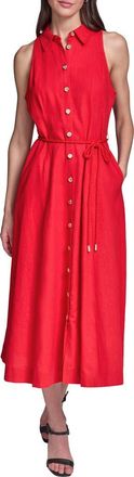 Karl Lagerfeld Rope Belt Linen Shirt Dress in Tomato at Nordstrom, Size 10