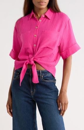 FRNCH Short Sleeve Tie Front Button-Up Top in Fuchsia at Nordstrom Rack, Size Medium