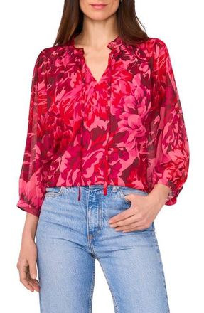 Vince Camuto Floral Print Tie Neck Top in Merlot Red at Nordstrom, Size X-Small
