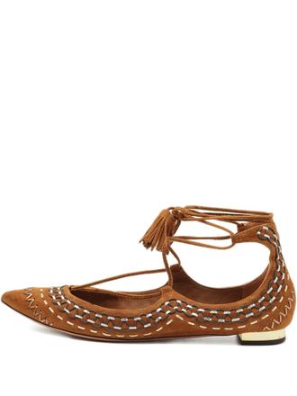 Aquazzura suede ankle-wrap ballet flats sandals - Brown