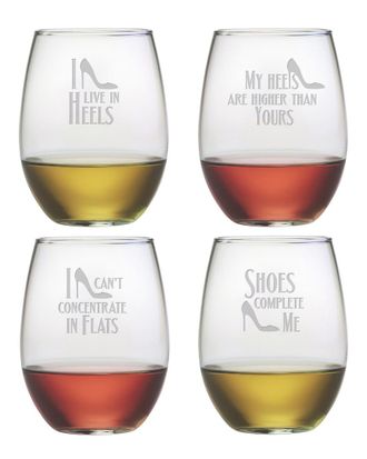 SUSQUEHANNA GLASS Shoe Quotes Set of Four 21oz Stemless Wine Glasses
