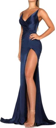 Portia & Scarlett Satin Gown With Belt In Navy