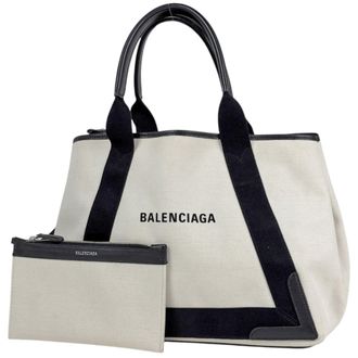 Balenciaga Black Navy Canvas Leather Tote Bag (Pre-Owned)